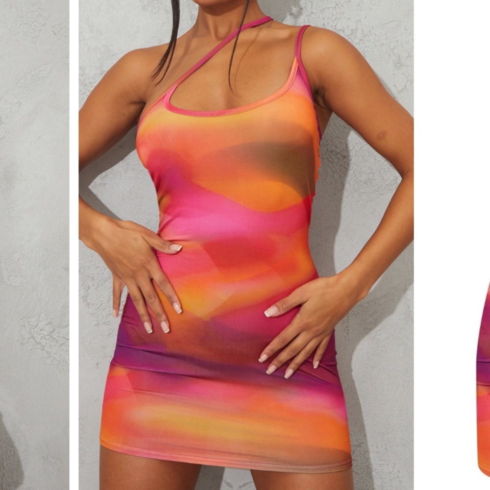 PLT Pink Abstract Print Slinky Asymmetric Strap Detail Bodycon Dress